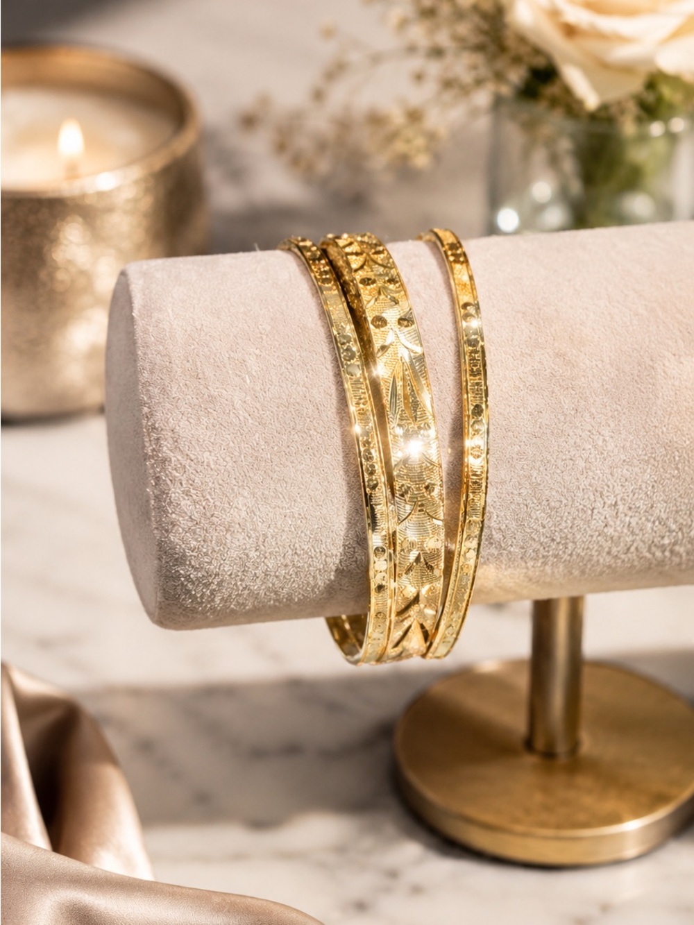 Gold Filled Etched Bangle Bracelet Set